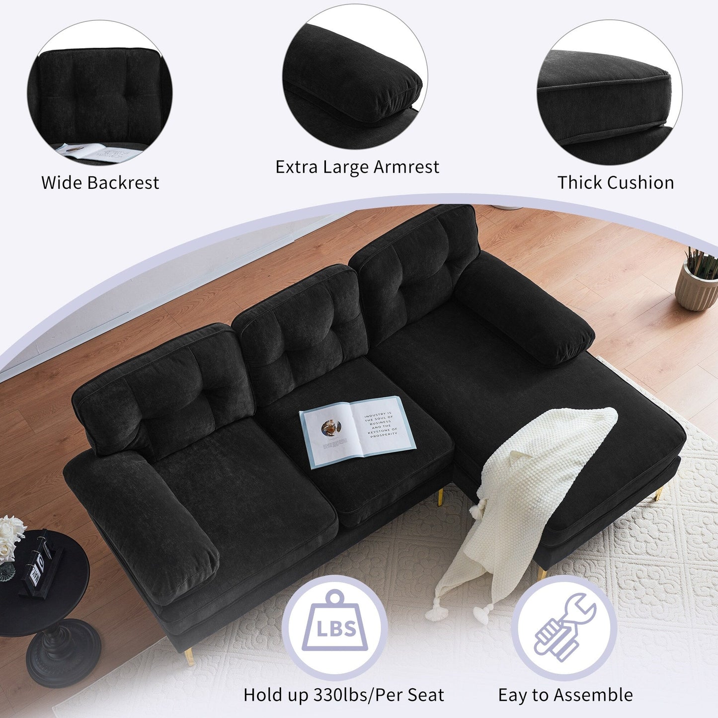 Canapé sectionnel moderne en velours en forme de L avec pieds en métal et dossier large pour salon et chambre à coucher