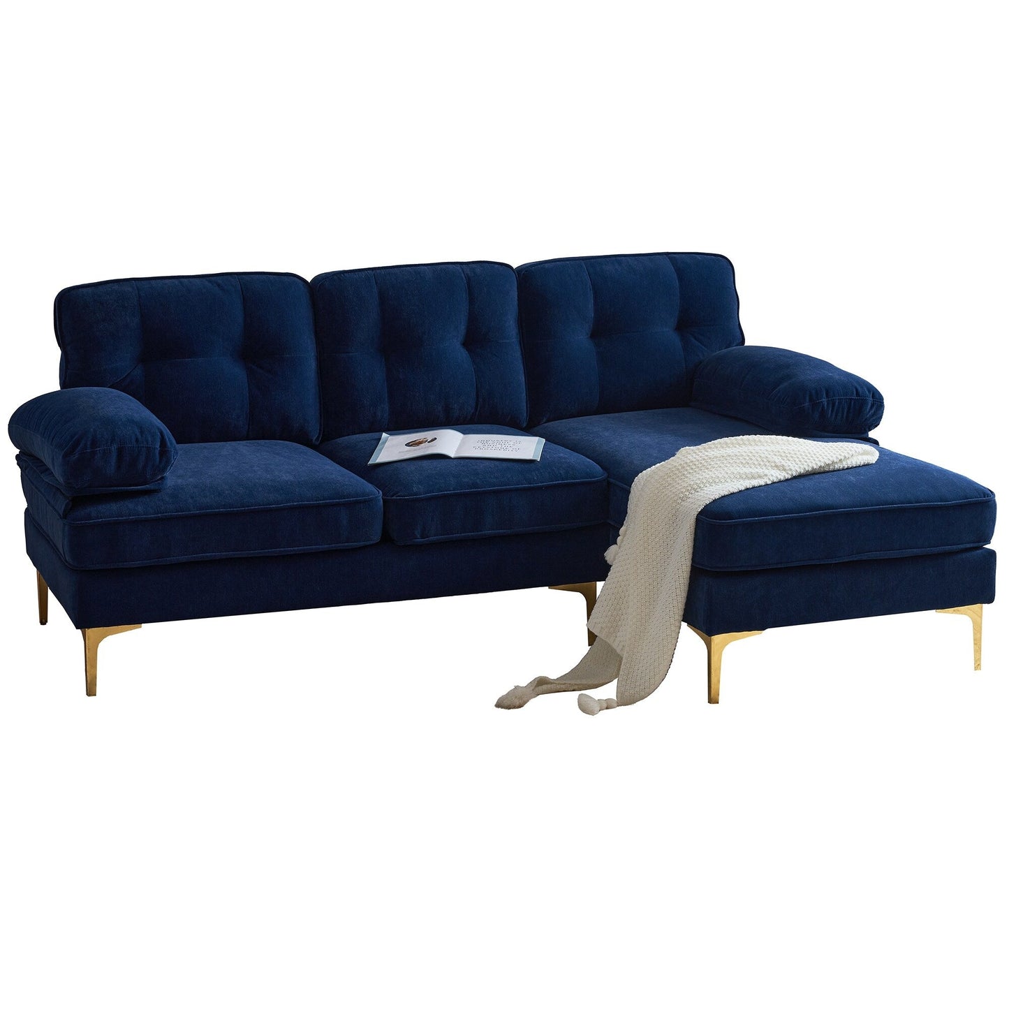 Canapé sectionnel moderne en velours en forme de L avec pieds en métal et dossier large pour salon et chambre à coucher