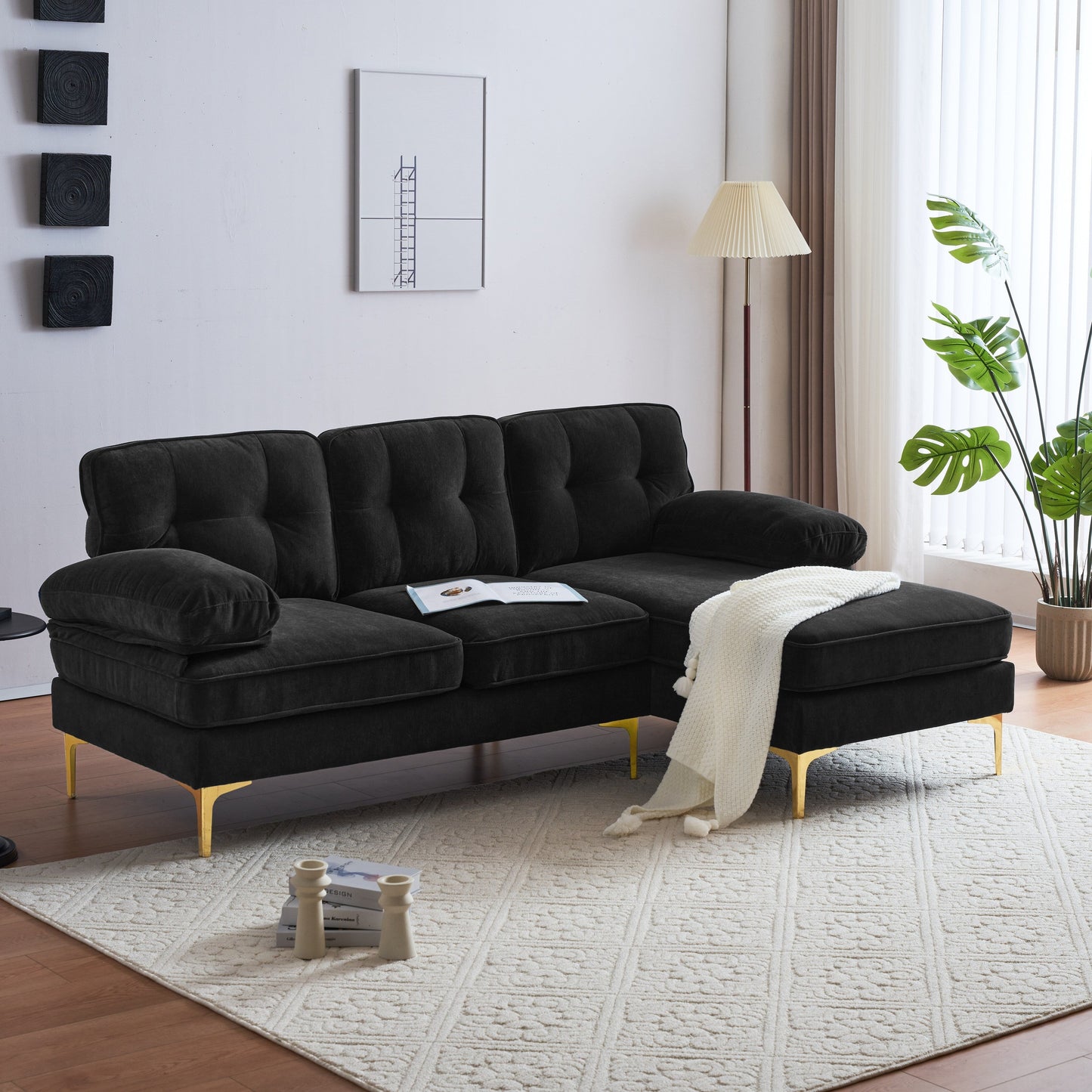 Canapé sectionnel moderne en velours en forme de L avec pieds en métal et dossier large pour salon et chambre à coucher