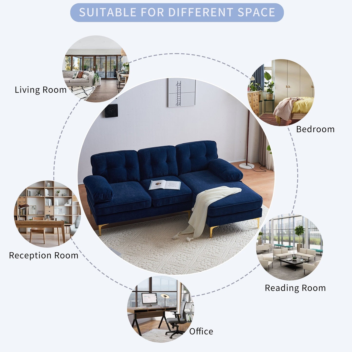 Canapé sectionnel moderne en velours en forme de L avec pieds en métal et dossier large pour salon et chambre à coucher