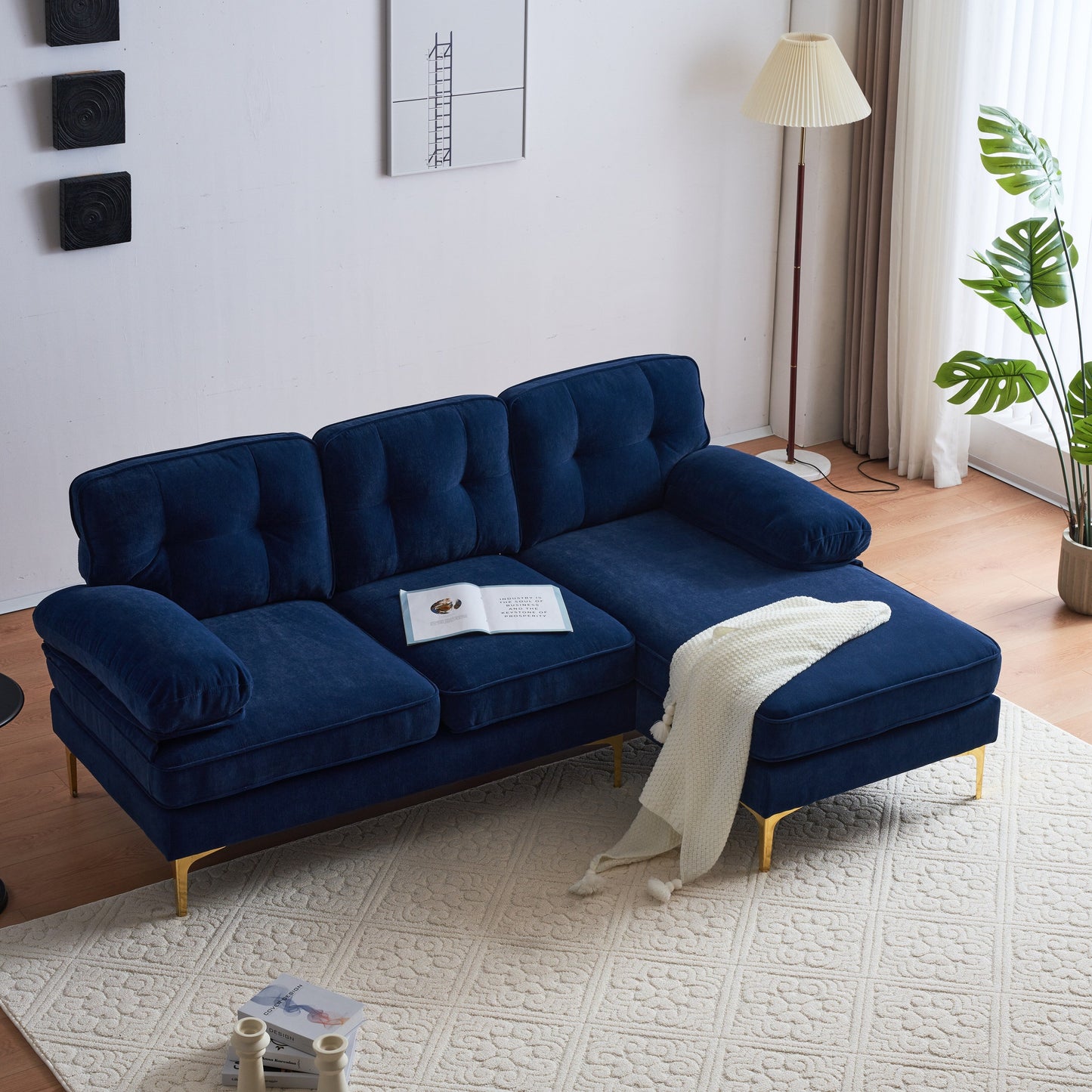 Canapé sectionnel moderne en velours en forme de L avec pieds en métal et dossier large pour salon et chambre à coucher