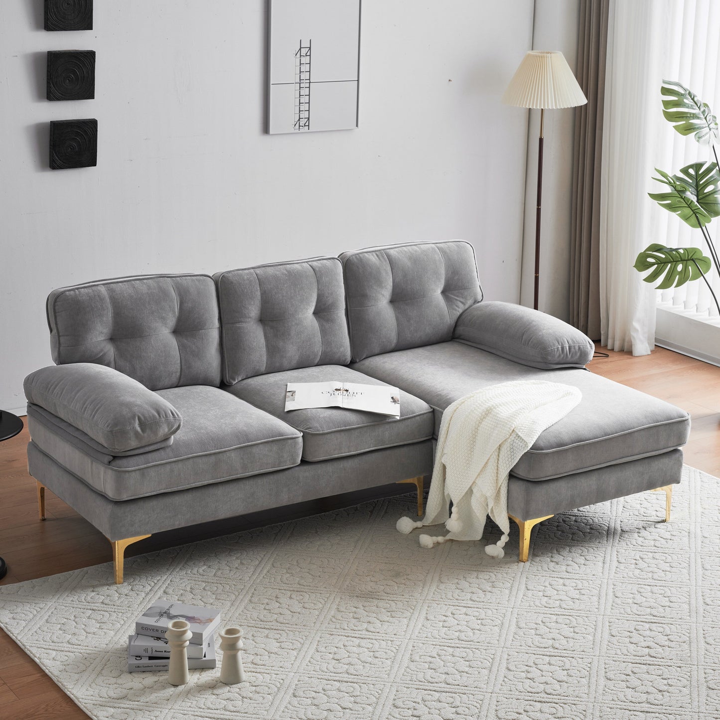Canapé sectionnel moderne en velours en forme de L avec pieds en métal et dossier large pour salon et chambre à coucher