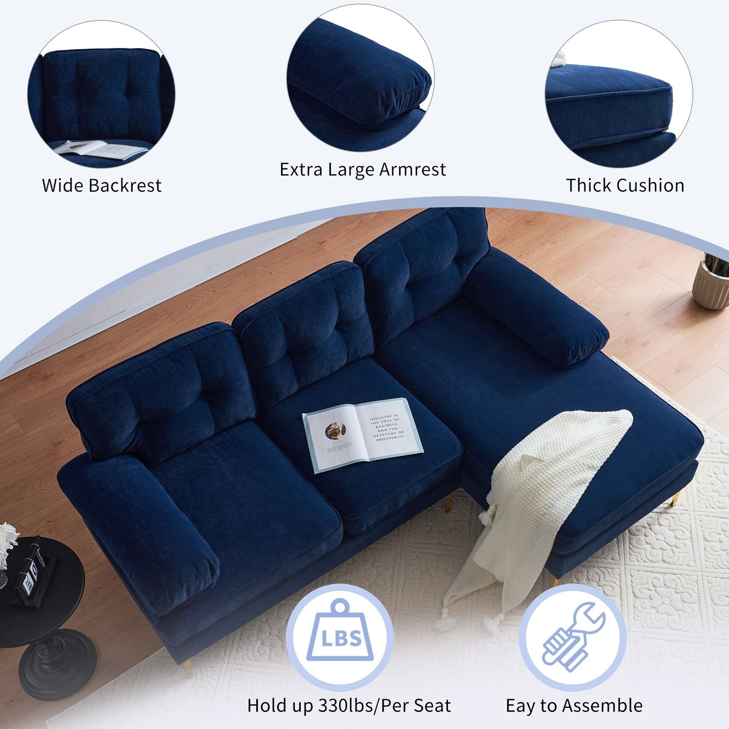 Canapé sectionnel moderne en velours en forme de L avec pieds en métal et dossier large pour salon et chambre à coucher