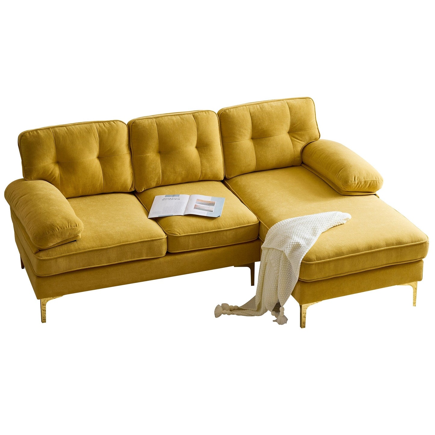 Canapé sectionnel moderne en velours en forme de L avec pieds en métal et dossier large pour salon et chambre à coucher