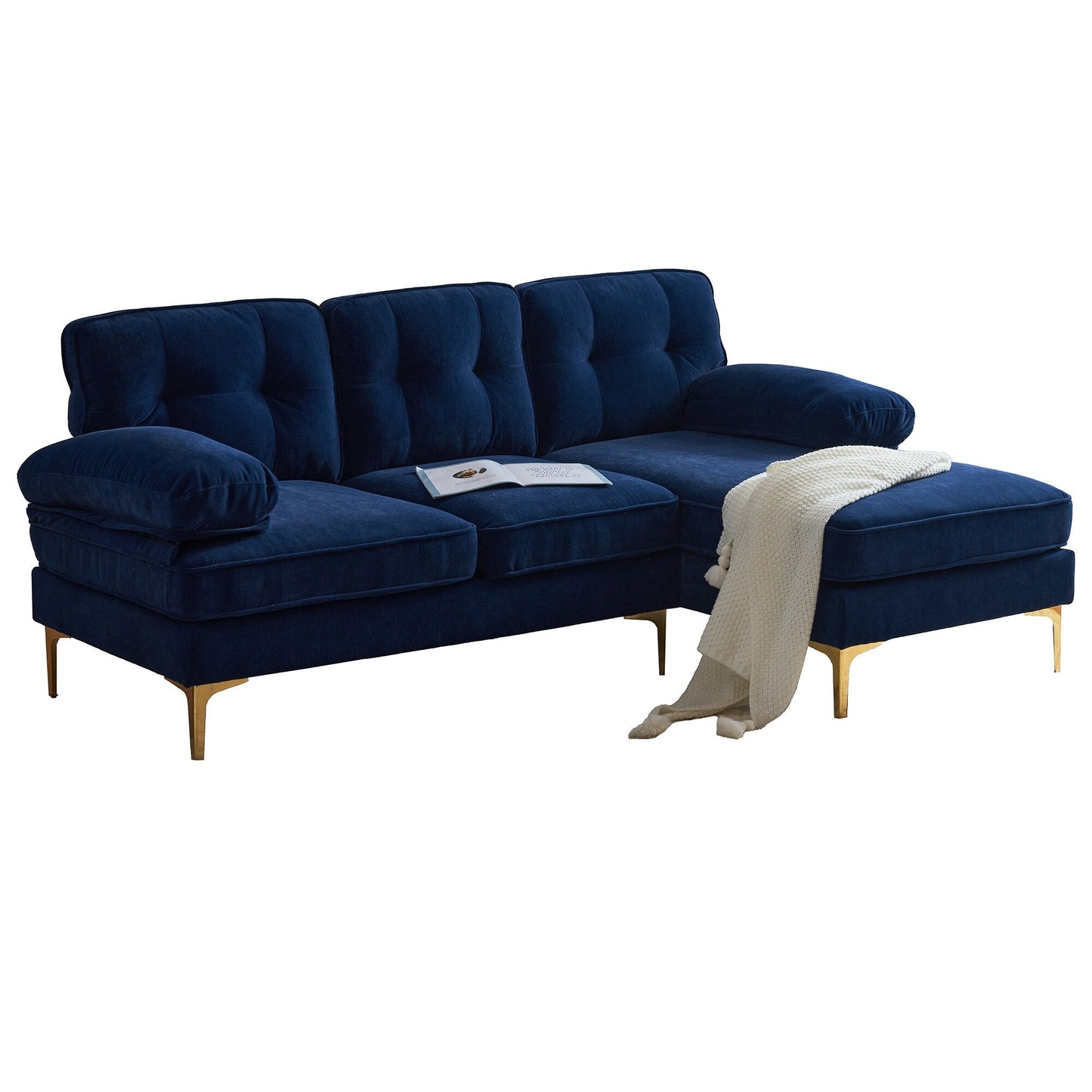Canapé sectionnel moderne en velours en forme de L avec pieds en métal et dossier large pour salon et chambre à coucher
