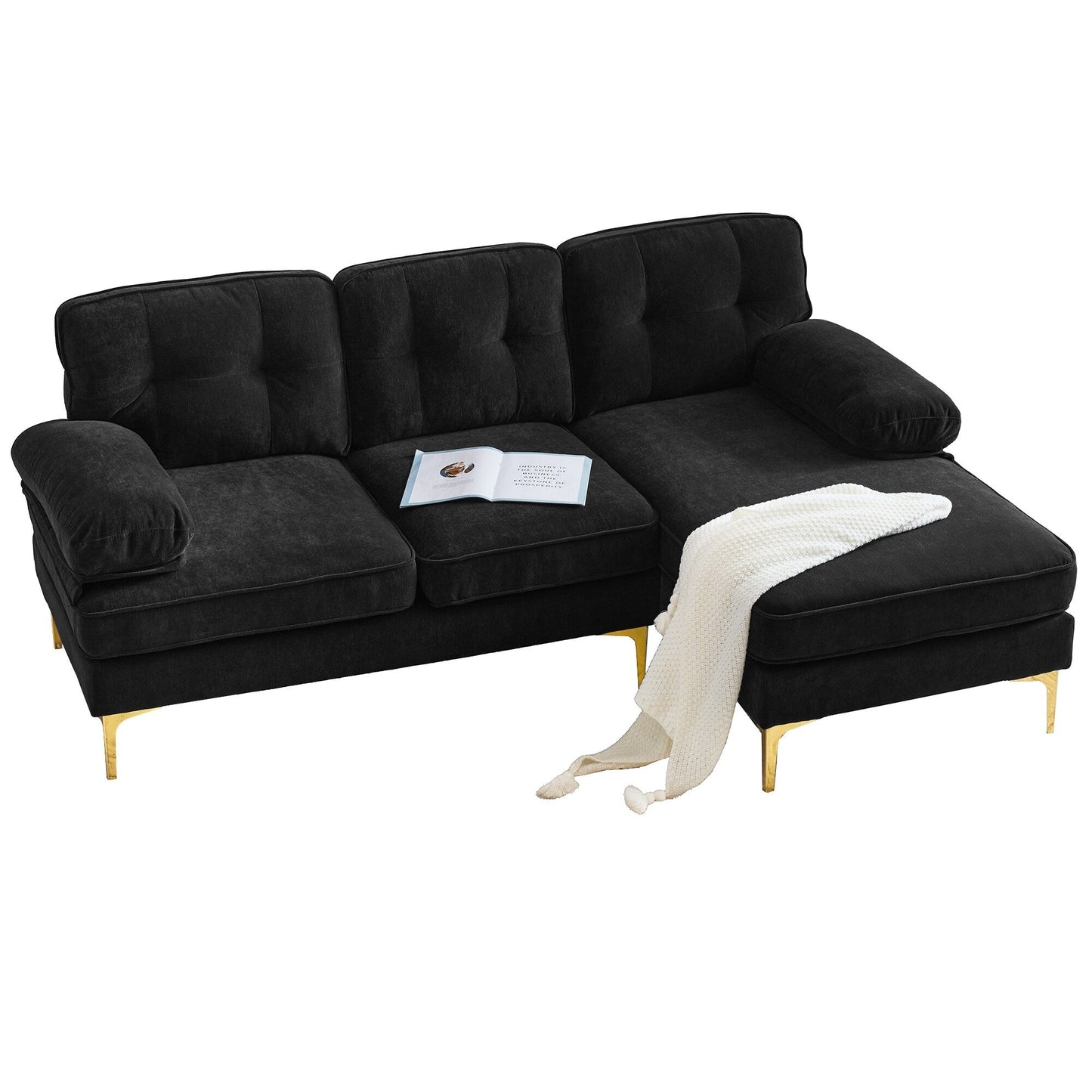 Canapé sectionnel moderne en velours en forme de L avec pieds en métal et dossier large pour salon et chambre à coucher