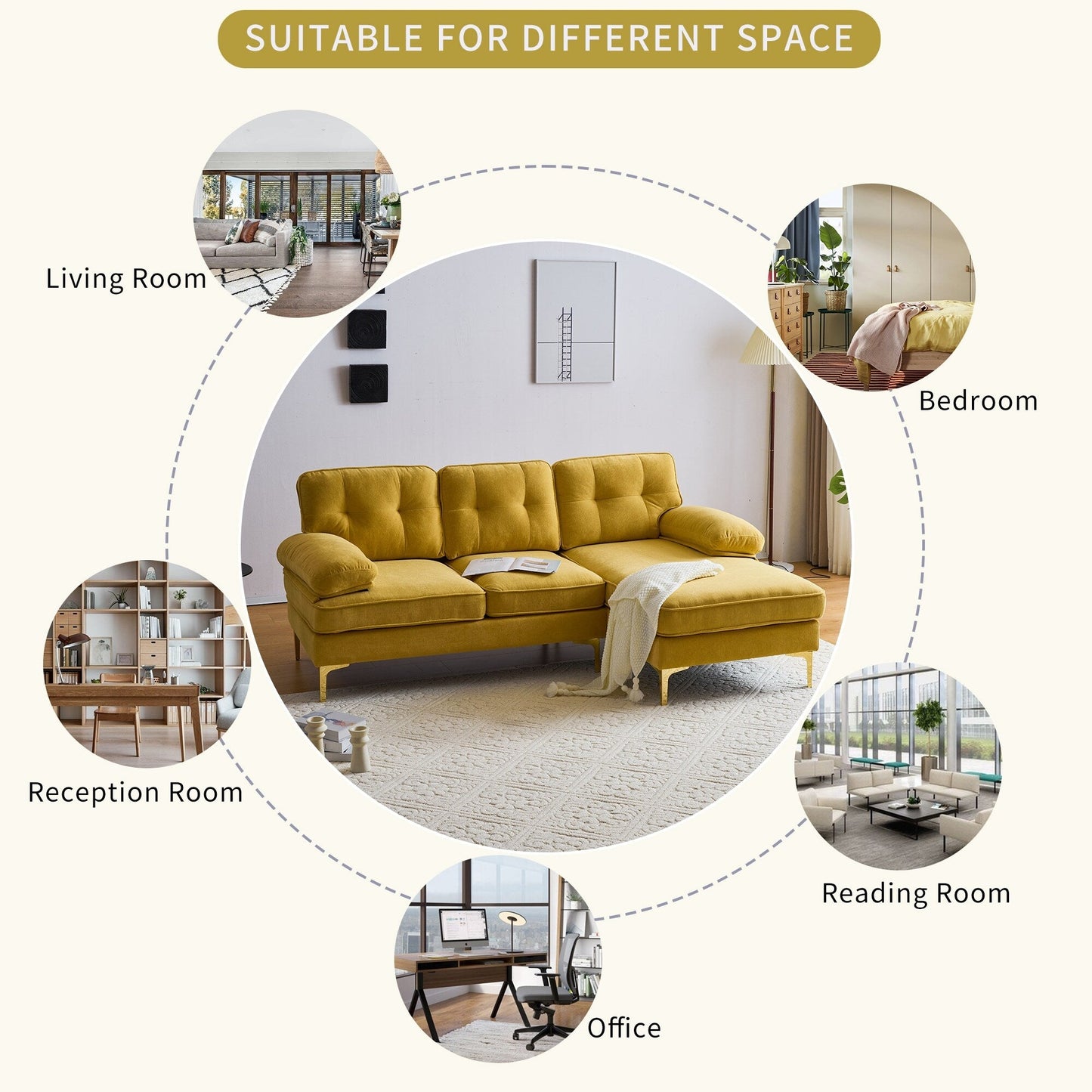 Canapé sectionnel moderne en velours en forme de L avec pieds en métal et dossier large pour salon et chambre à coucher