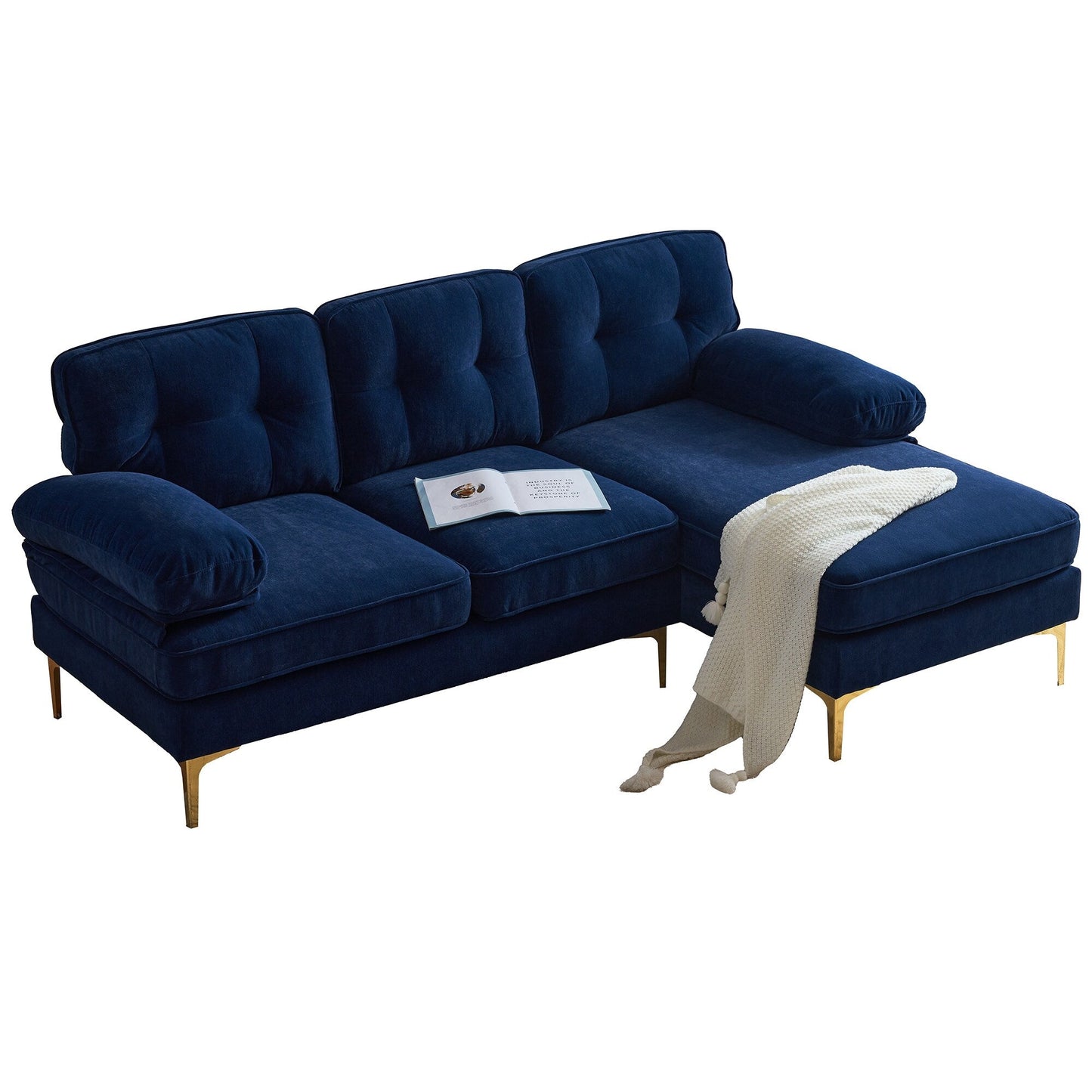Canapé sectionnel moderne en velours en forme de L avec pieds en métal et dossier large pour salon et chambre à coucher
