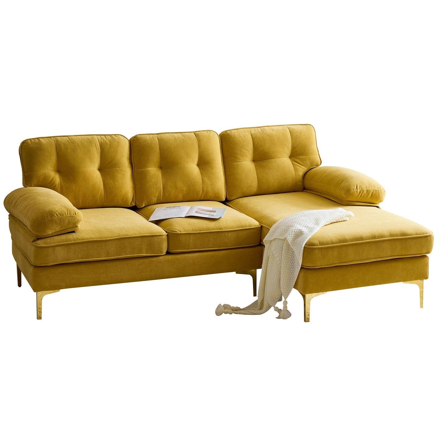 Canapé sectionnel moderne en velours en forme de L avec pieds en métal et dossier large pour salon et chambre à coucher