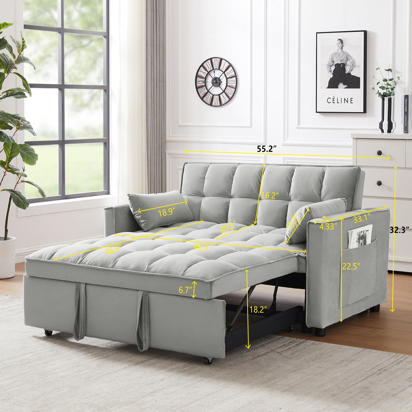 Canapé-lit futon moderne en velours avec lit gigogne, petit canapé de salon avec dossier inclinable et coussins décoratifs