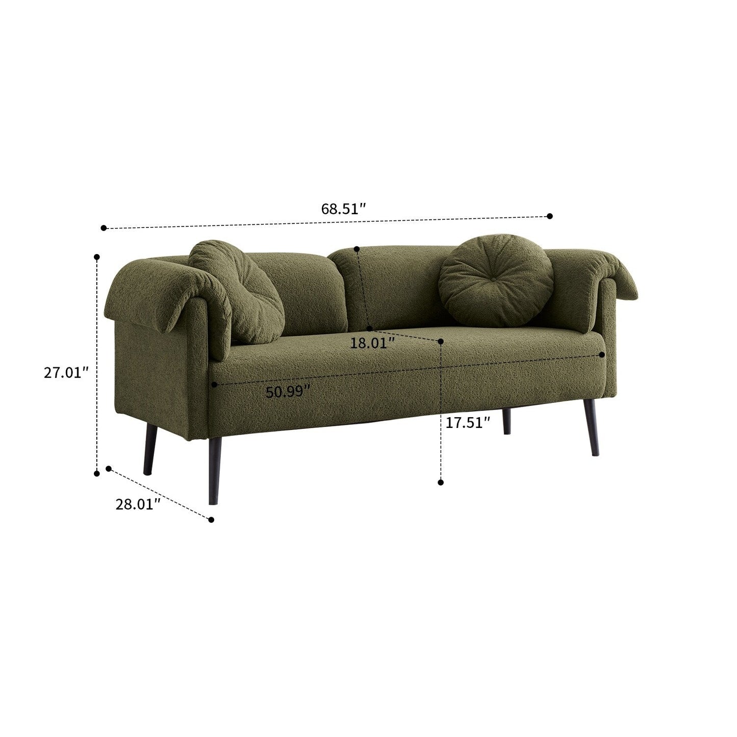 Canapé minimaliste moderne avec coussins et accoudoirs rembourrés, pieds en métal