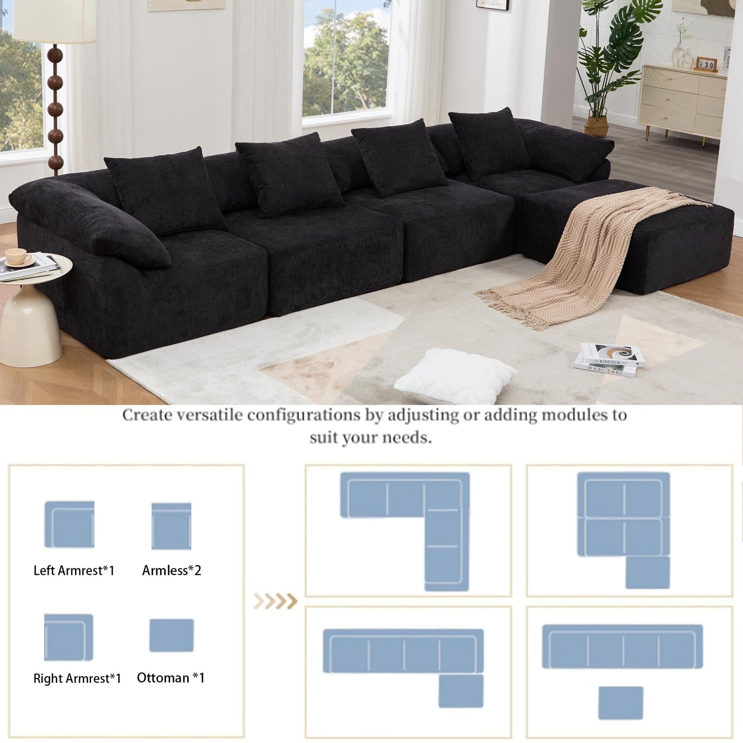 Canapé-lit convertible modulaire 5 pièces avec pouf et oreillers pour le salon