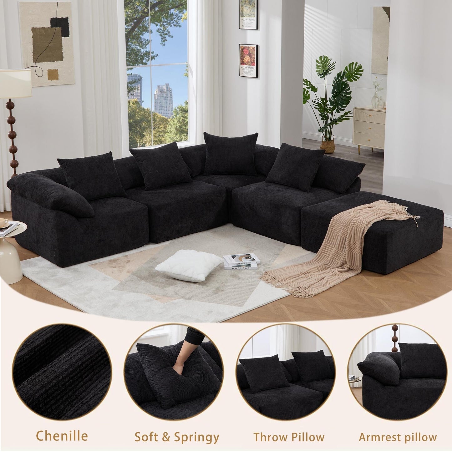 Canapé-lit convertible modulaire 5 pièces avec pouf et oreillers pour le salon