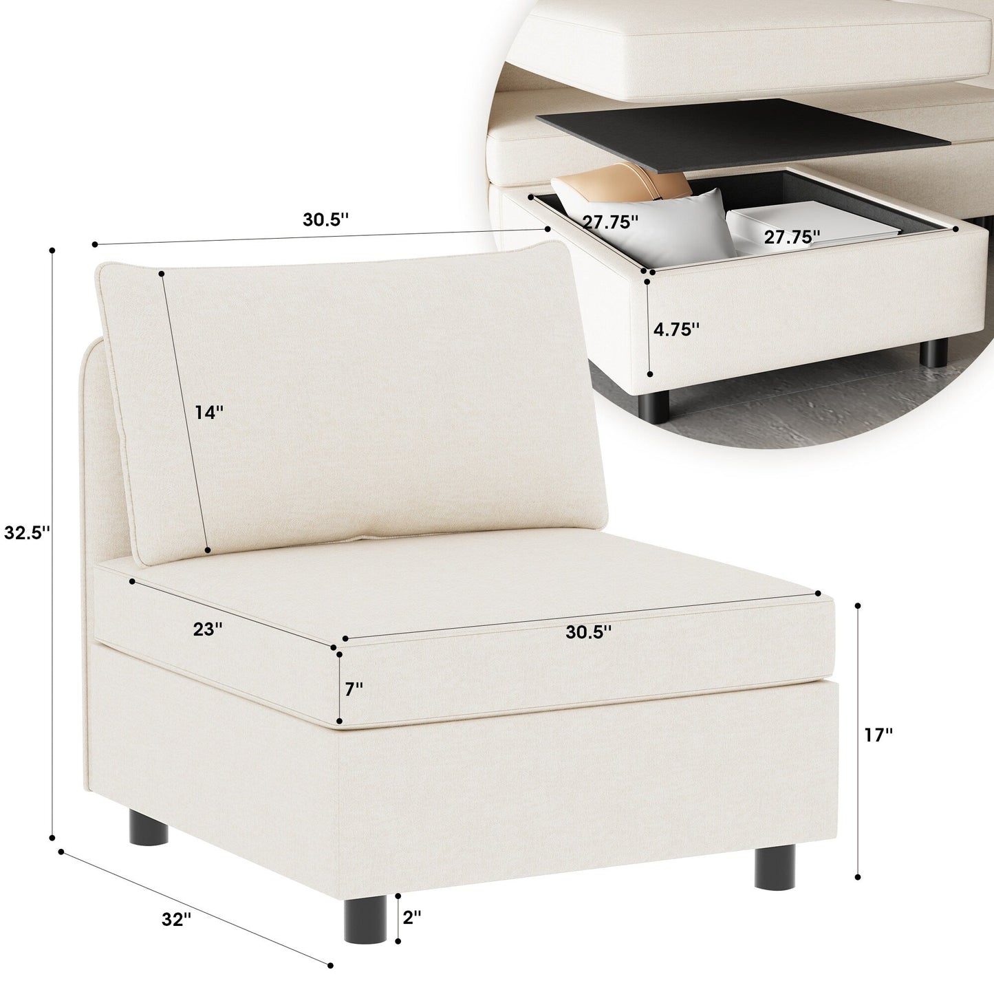 Canapé modulaire en tissu sans accoudoirs, convertible, sectionnel, avec rangement dissimulé, pour le salon