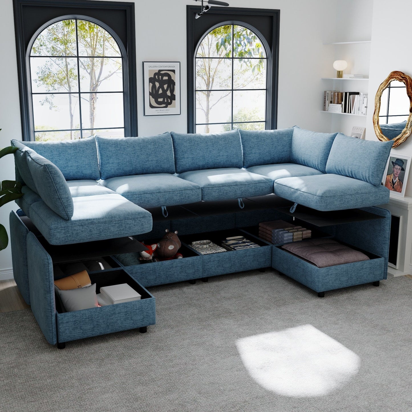Canapé modulaire en tissu sans accoudoirs, convertible, sectionnel, avec rangement dissimulé, pour le salon