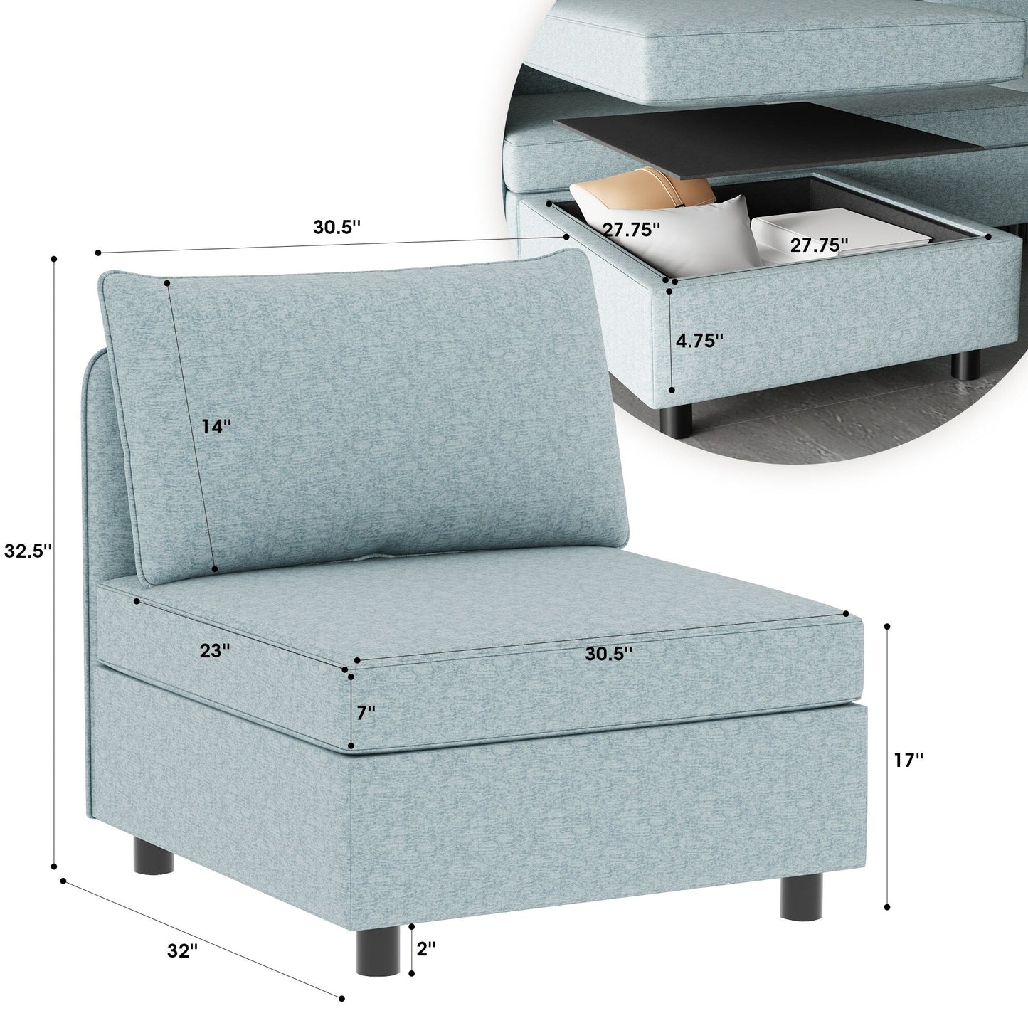Canapé modulaire en tissu sans accoudoirs, convertible, sectionnel, avec rangement dissimulé, pour le salon