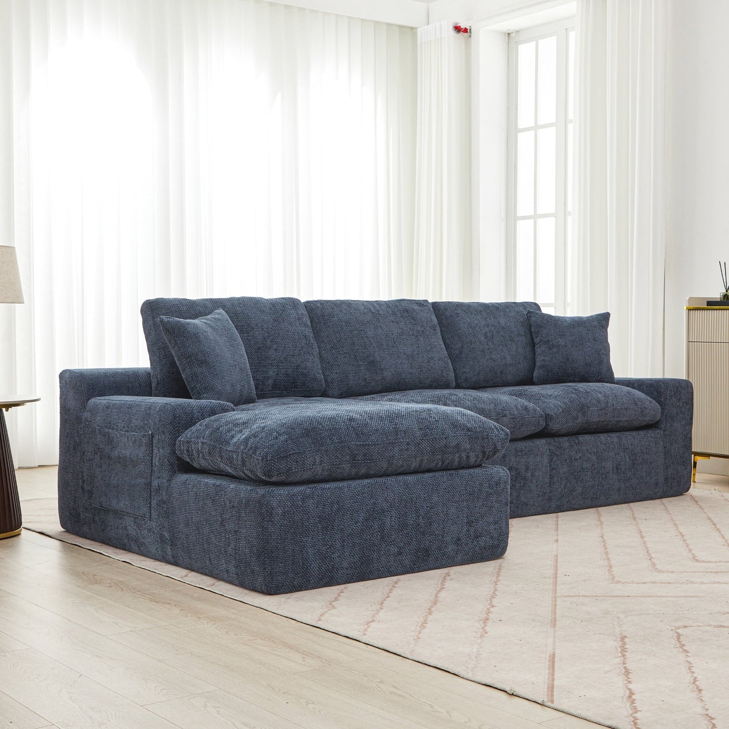 Canapé modulaire Cloud en chenille avec coussins double épaisseur, rangement latéral et oreillers assortis pour le salon