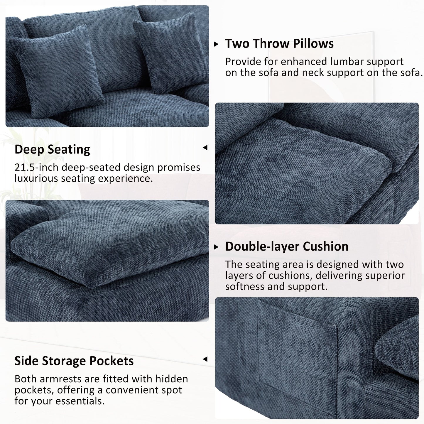 Canapé modulaire Cloud en chenille avec coussins double épaisseur, rangement latéral et oreillers assortis pour le salon