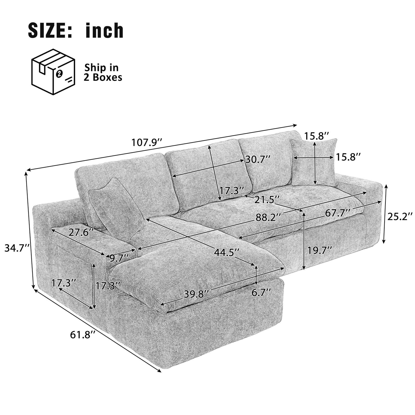 Canapé modulaire Cloud en chenille avec coussins double épaisseur, rangement latéral et oreillers assortis pour le salon