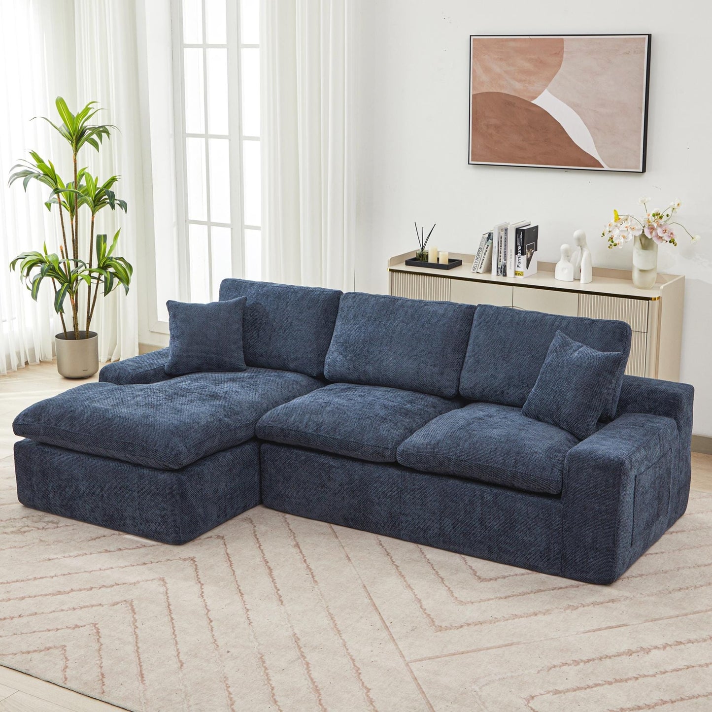 Canapé modulaire Cloud en chenille avec coussins double épaisseur, rangement latéral et oreillers assortis pour le salon