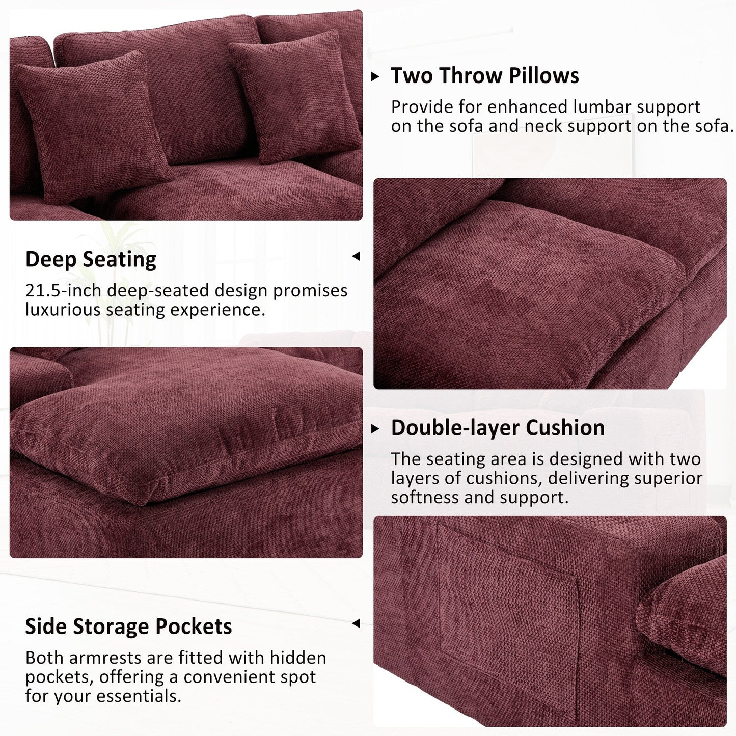 Canapé modulaire Cloud en chenille avec coussins double épaisseur, rangement latéral et oreillers assortis pour le salon