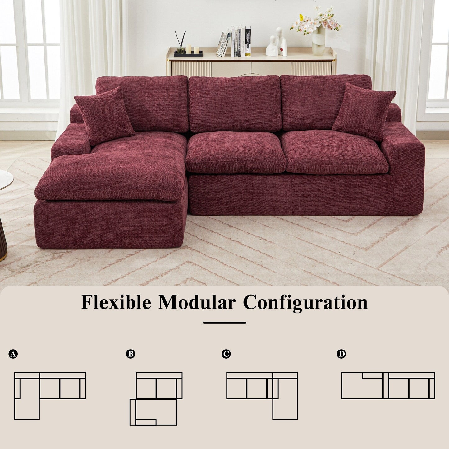 Canapé modulaire Cloud en chenille avec coussins double épaisseur, rangement latéral et oreillers assortis pour le salon