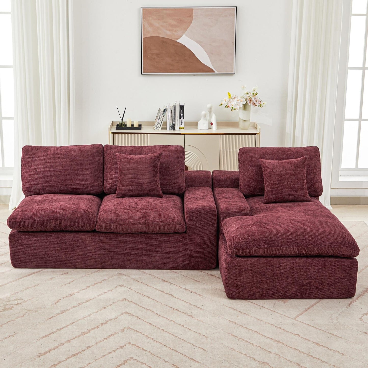 Canapé modulaire Cloud en chenille avec coussins double épaisseur, rangement latéral et oreillers assortis pour le salon
