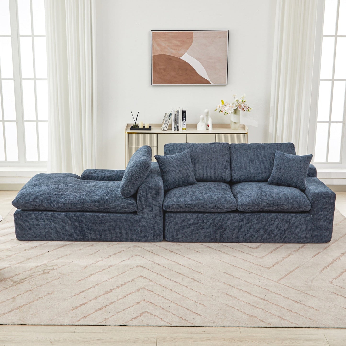 Canapé modulaire Cloud en chenille avec coussins double épaisseur, rangement latéral et oreillers assortis pour le salon