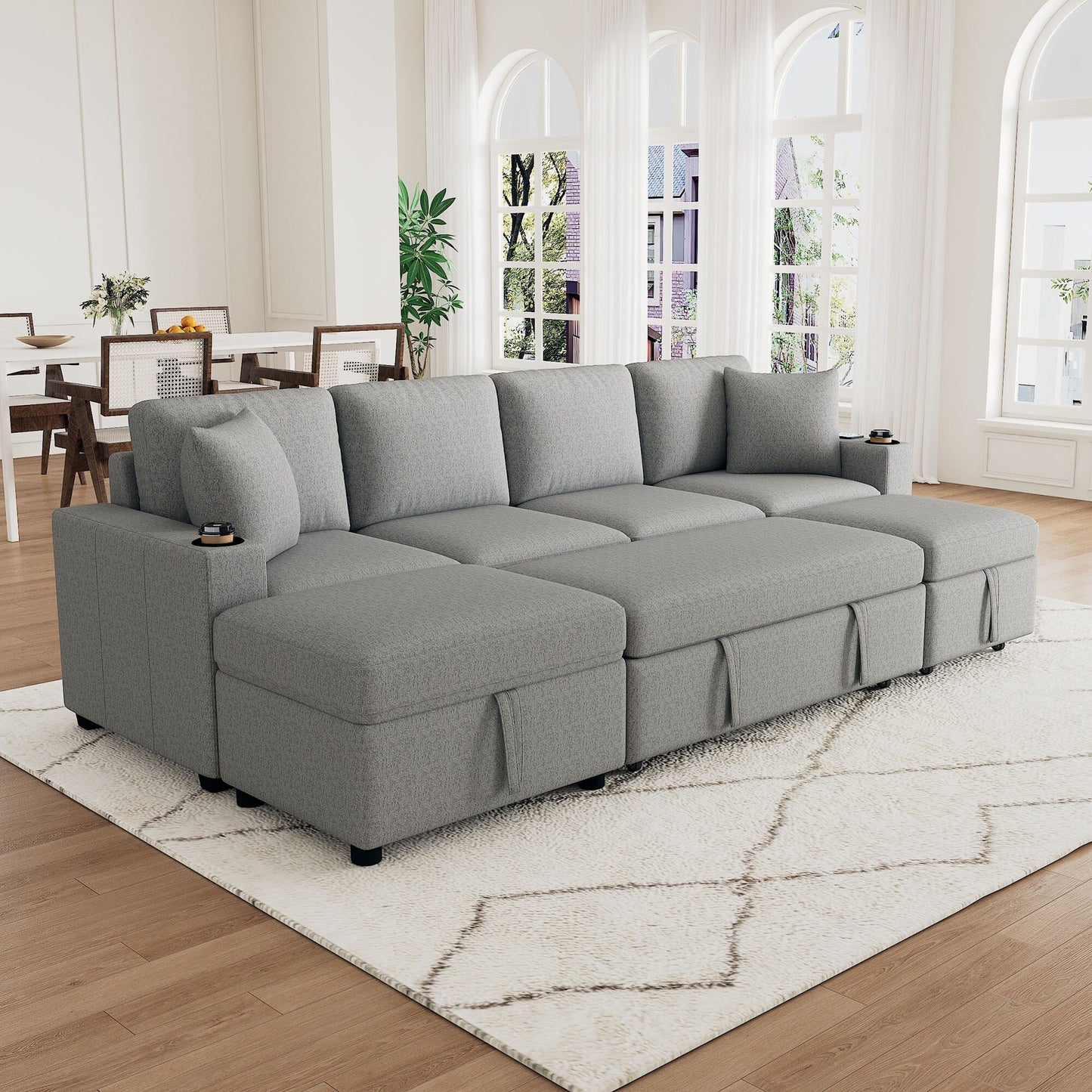 Canapé-lit gigogne modulaire en chenille avec pouf de rangement amovible et ports USB pour le salon