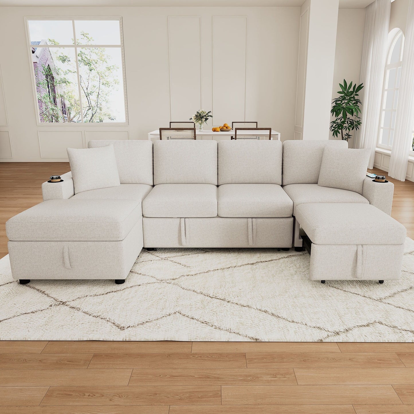 Canapé-lit gigogne modulaire en chenille avec pouf de rangement amovible et ports USB pour le salon