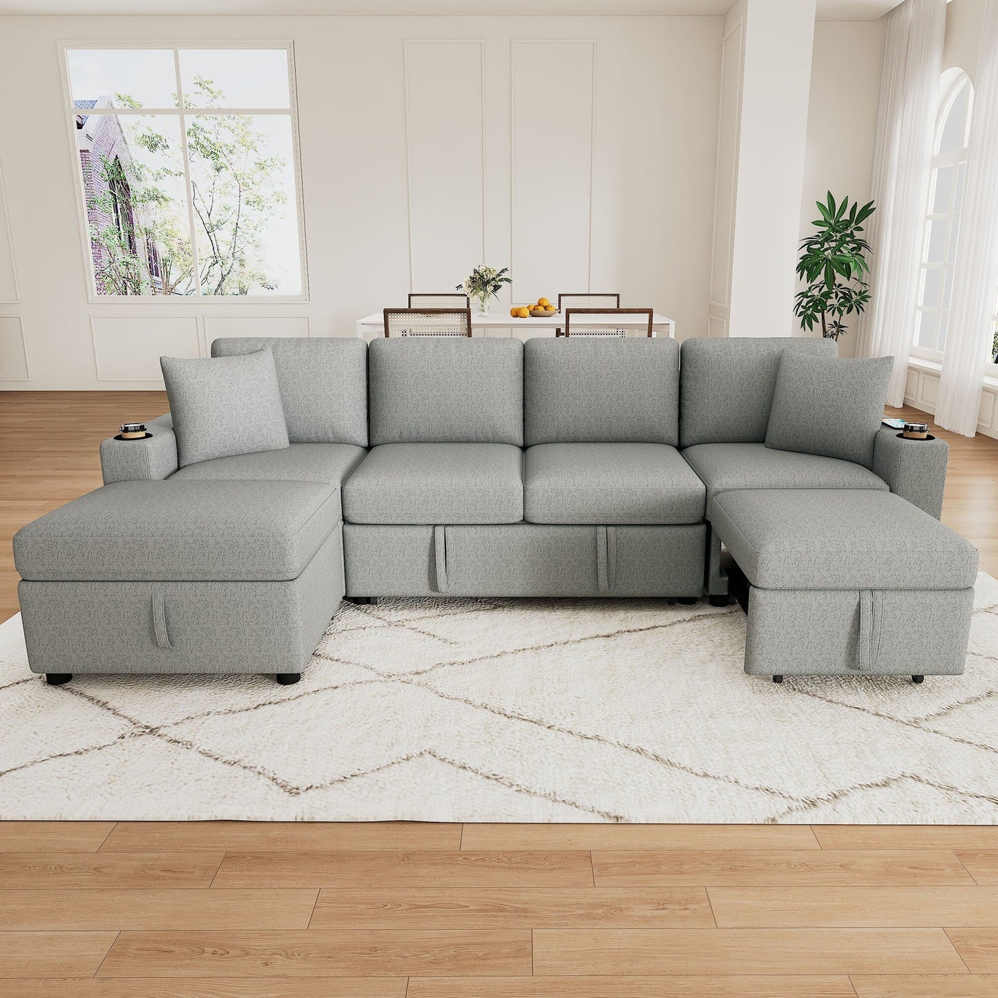 Canapé-lit gigogne modulaire en chenille avec pouf de rangement amovible et ports USB pour le salon