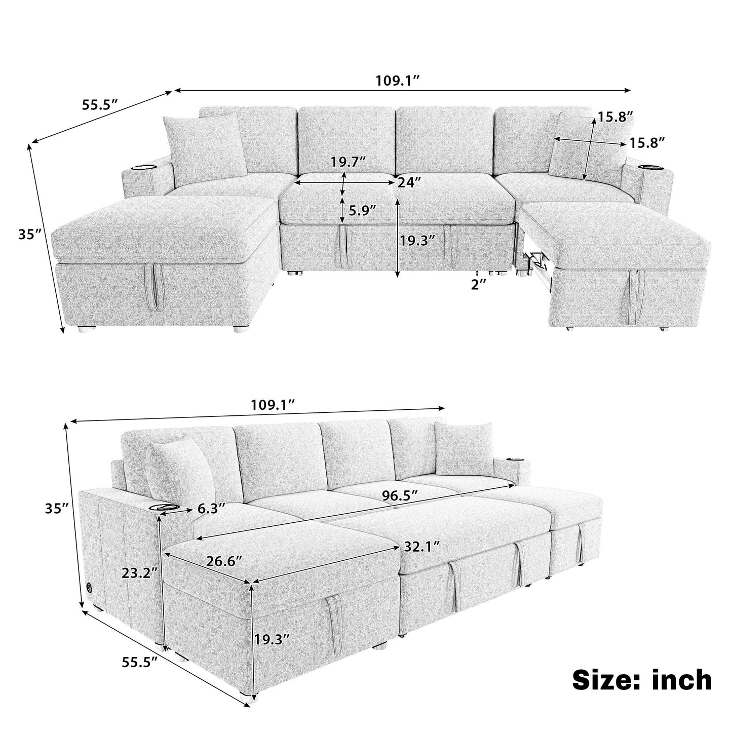 Canapé-lit gigogne modulaire en chenille avec pouf de rangement amovible et ports USB pour le salon