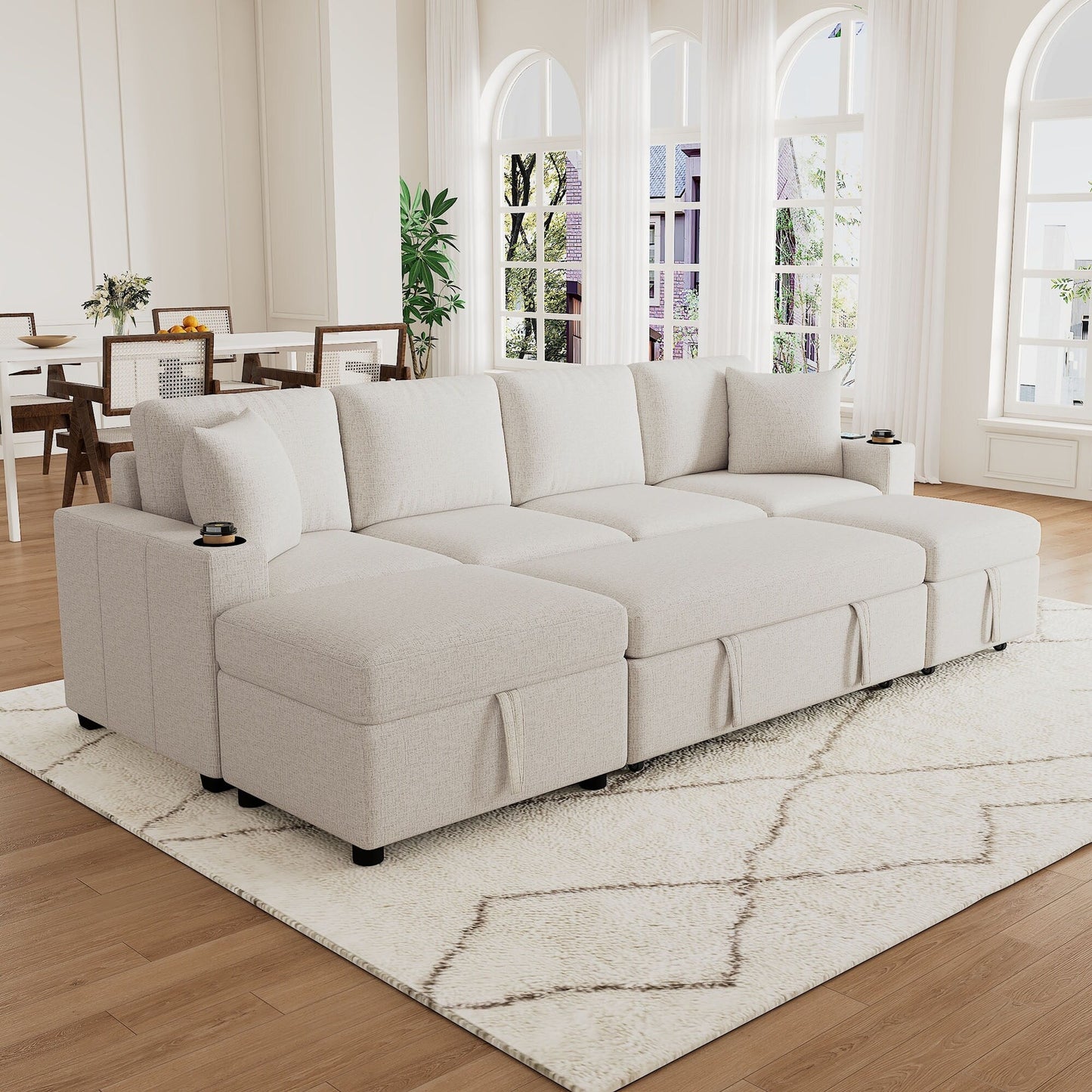 Canapé-lit gigogne modulaire en chenille avec pouf de rangement amovible et ports USB pour le salon