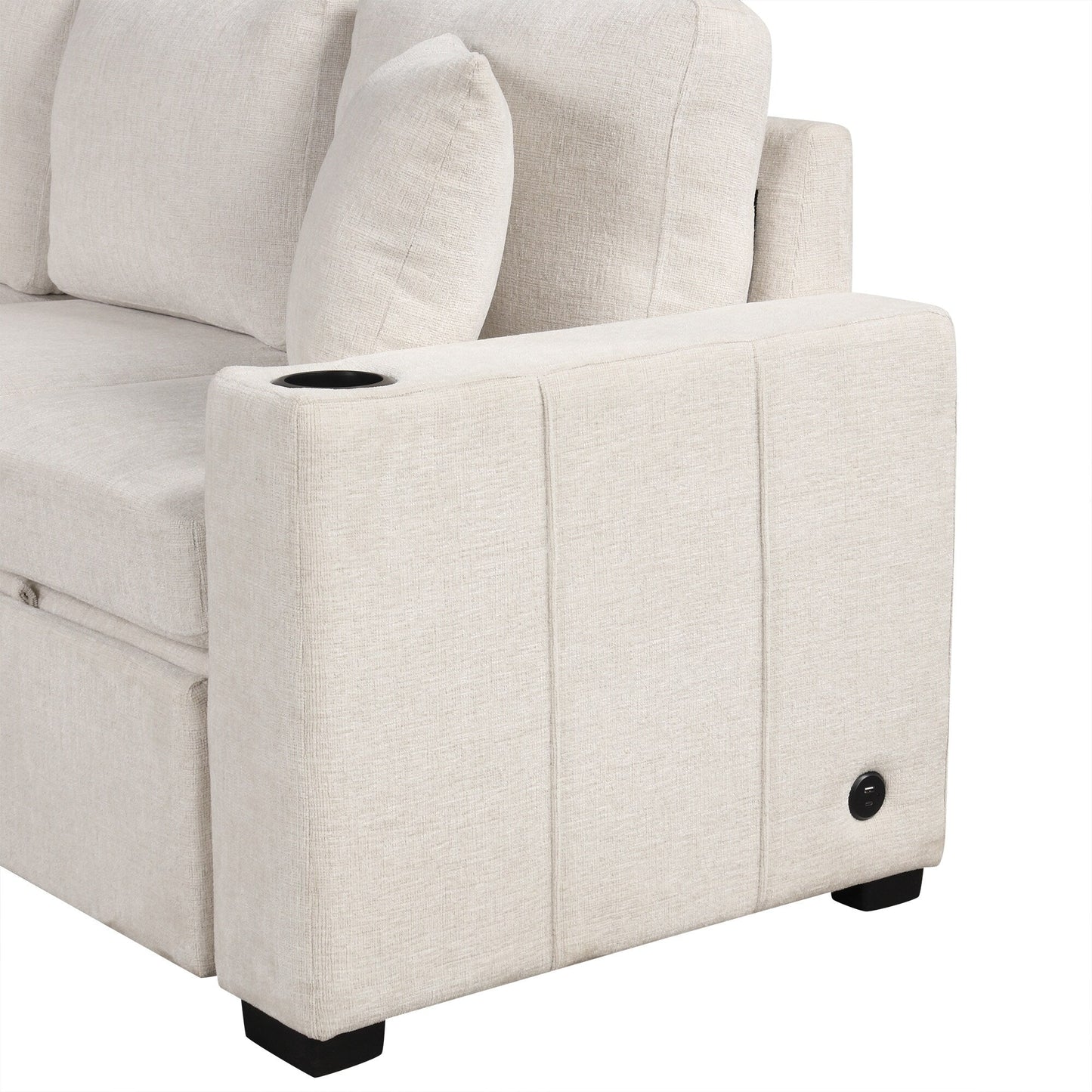 Canapé-lit gigogne modulaire en chenille avec pouf de rangement amovible et ports USB pour le salon