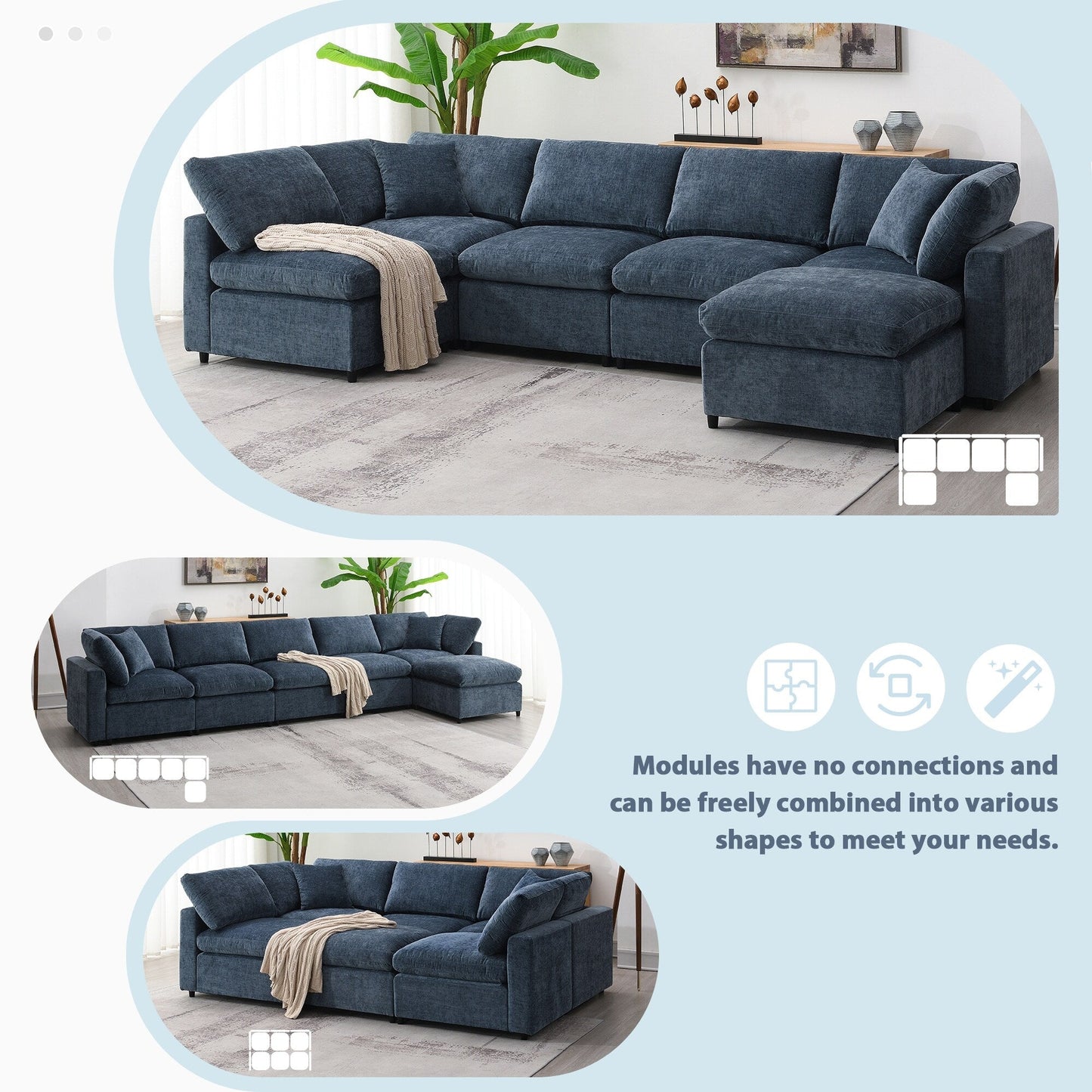 Canapé-lit modulaire Cloud, ensemble de canapés sectionnels en chenille avec pouf, combinaison libre, canapé-lit convertible en U