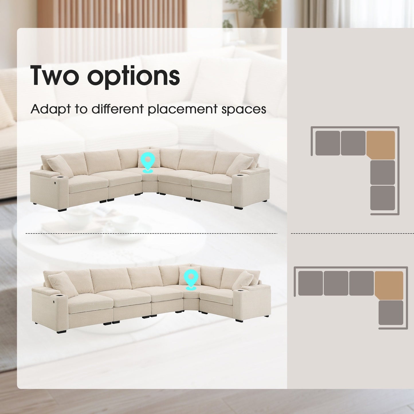 Canapé modulable en velours côtelé en forme de L avec rangement pour accoudoirs, ports USB et porte-gobelets pour salon d'appartement