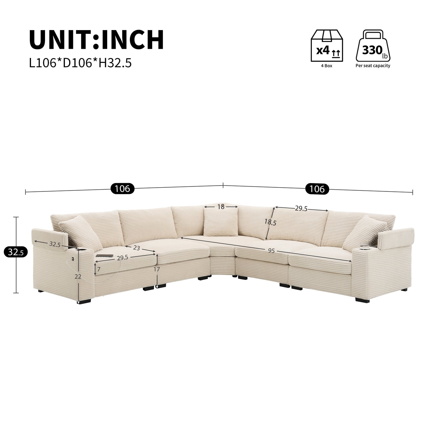 Canapé modulable en velours côtelé en forme de L avec rangement pour accoudoirs, ports USB et porte-gobelets pour salon d'appartement