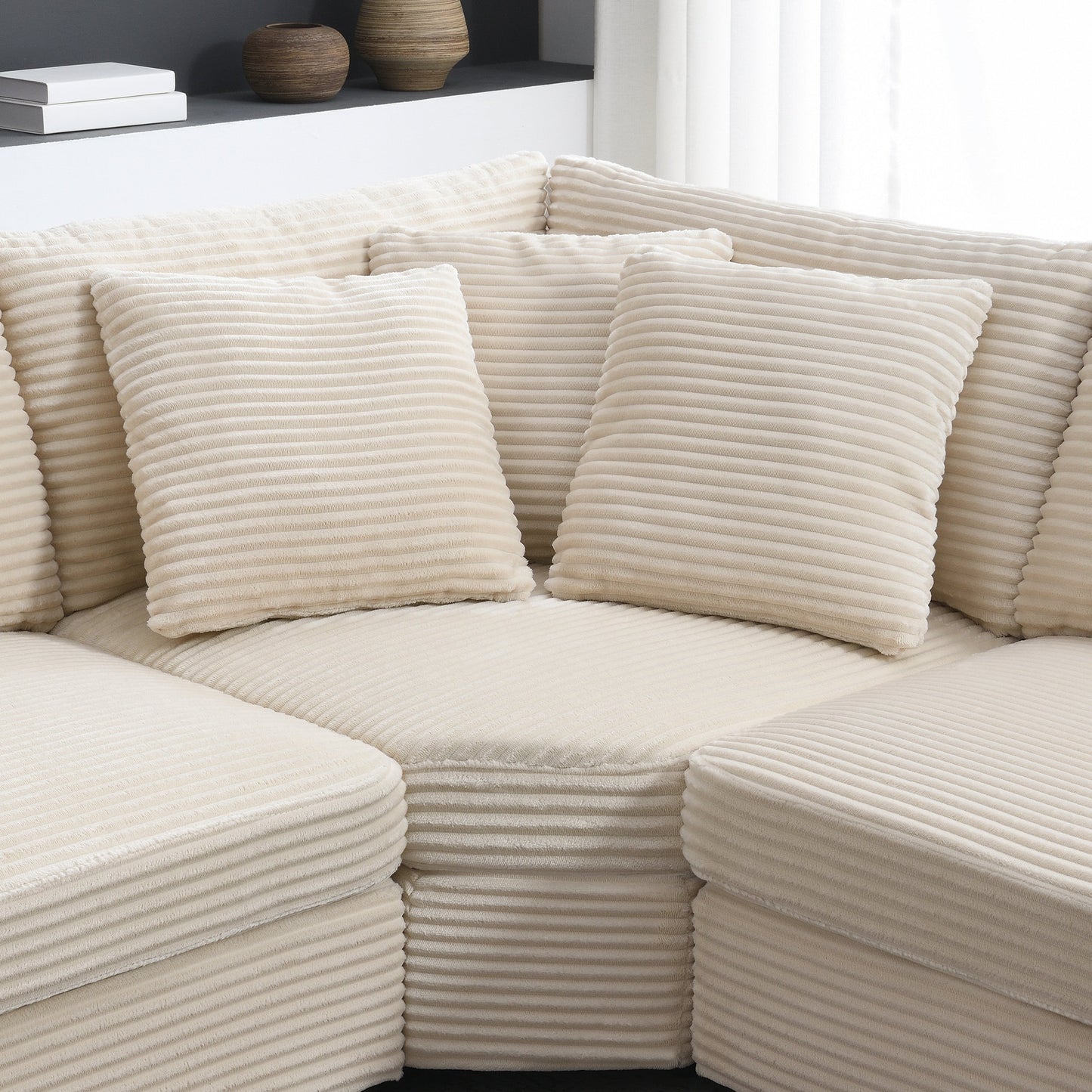 Canapé modulable en velours côtelé en forme de L avec rangement pour accoudoirs, ports USB et porte-gobelets pour salon d'appartement