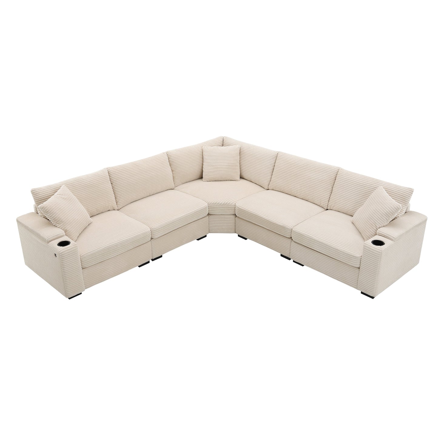 Canapé modulable en velours côtelé en forme de L avec rangement pour accoudoirs, ports USB et porte-gobelets pour salon d'appartement