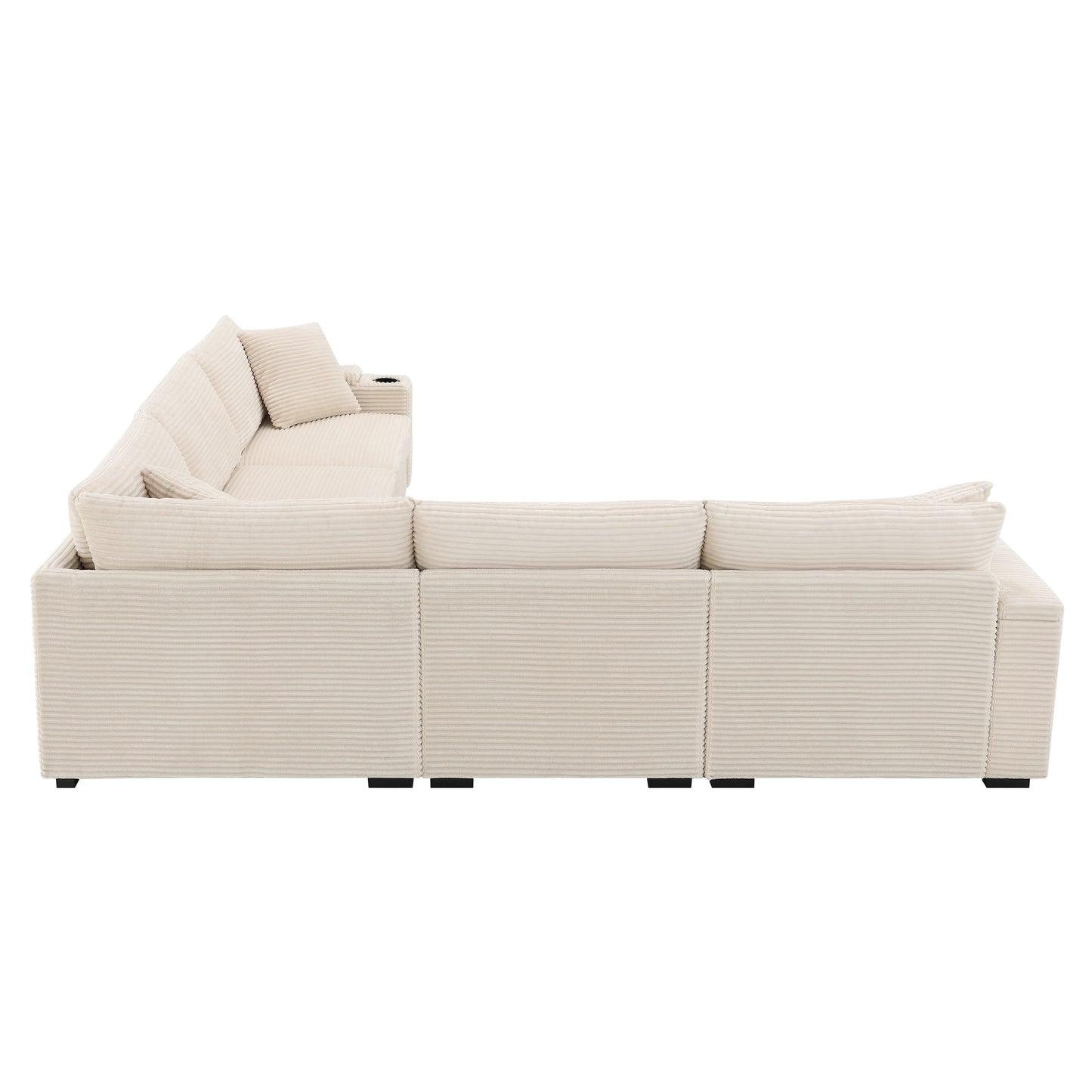 Canapé modulable en velours côtelé en forme de L avec rangement pour accoudoirs, ports USB et porte-gobelets pour salon d'appartement