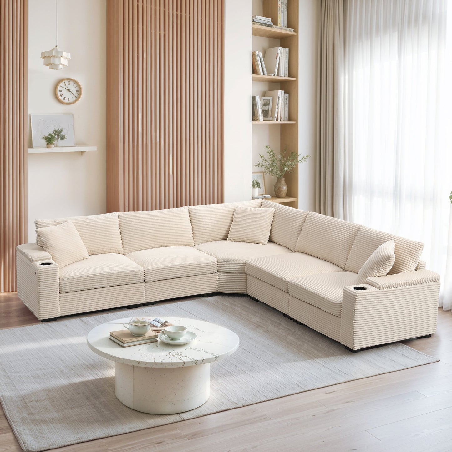 Canapé modulable en velours côtelé en forme de L avec rangement pour accoudoirs, ports USB et porte-gobelets pour salon d'appartement