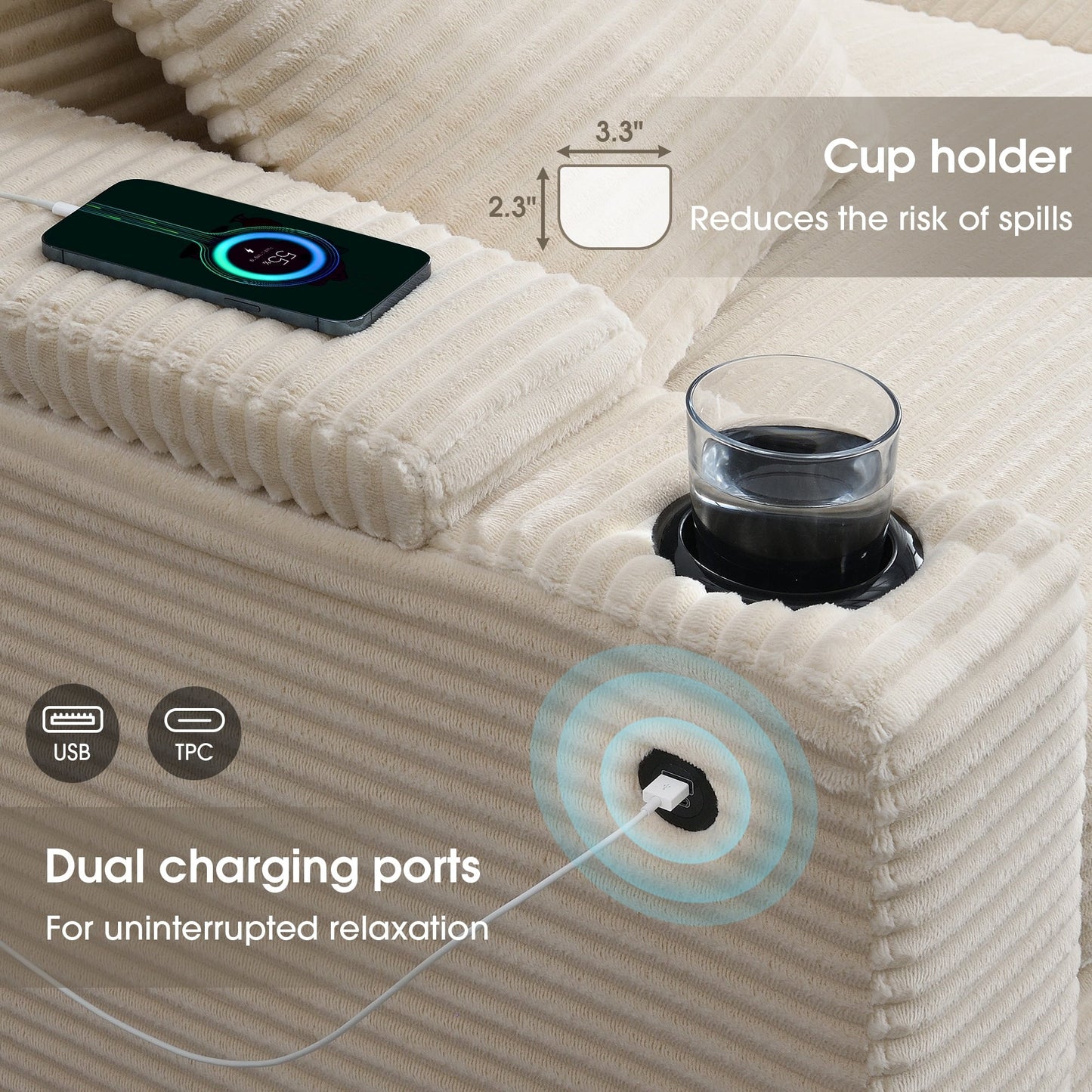 Canapé modulable en velours côtelé en forme de L avec rangement pour accoudoirs, ports USB et porte-gobelets pour salon d'appartement