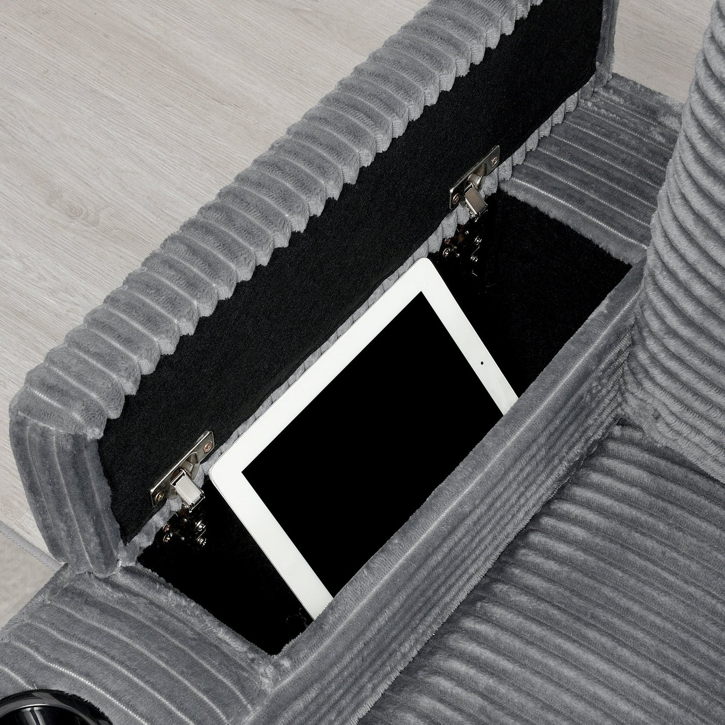 Canapé modulable en velours côtelé en forme de L avec rangement pour accoudoirs, ports USB et porte-gobelets pour salon d'appartement