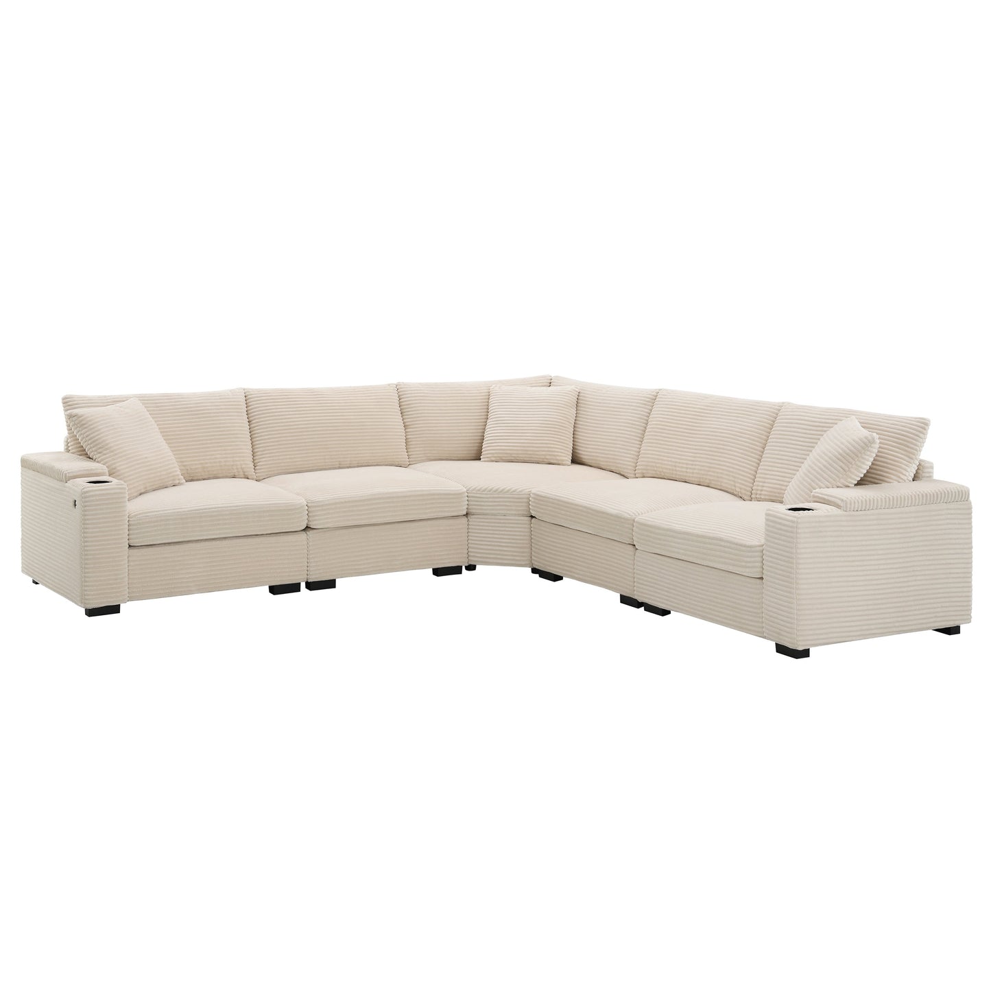 Canapé modulable en velours côtelé en forme de L avec rangement pour accoudoirs, ports USB et porte-gobelets pour salon d'appartement