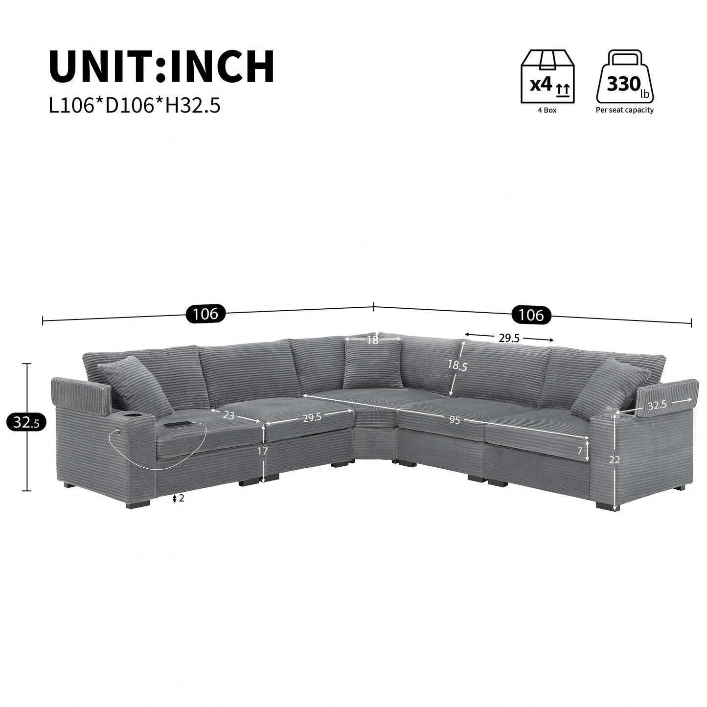 Canapé modulable en velours côtelé en forme de L avec rangement pour accoudoirs, ports USB et porte-gobelets pour salon d'appartement