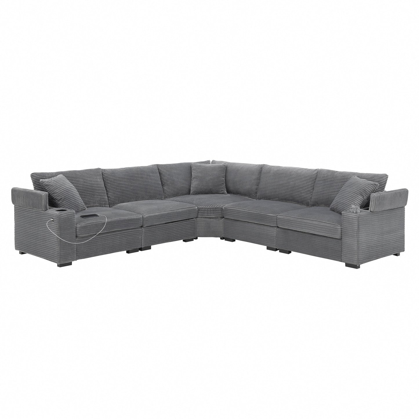 Canapé modulable en velours côtelé en forme de L avec rangement pour accoudoirs, ports USB et porte-gobelets pour salon d'appartement