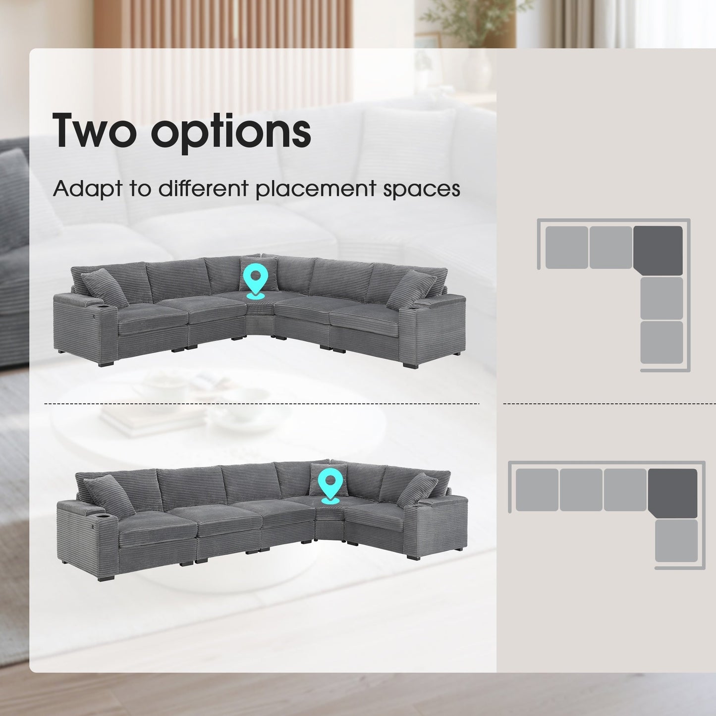 Canapé modulable en velours côtelé en forme de L avec rangement pour accoudoirs, ports USB et porte-gobelets pour salon d'appartement