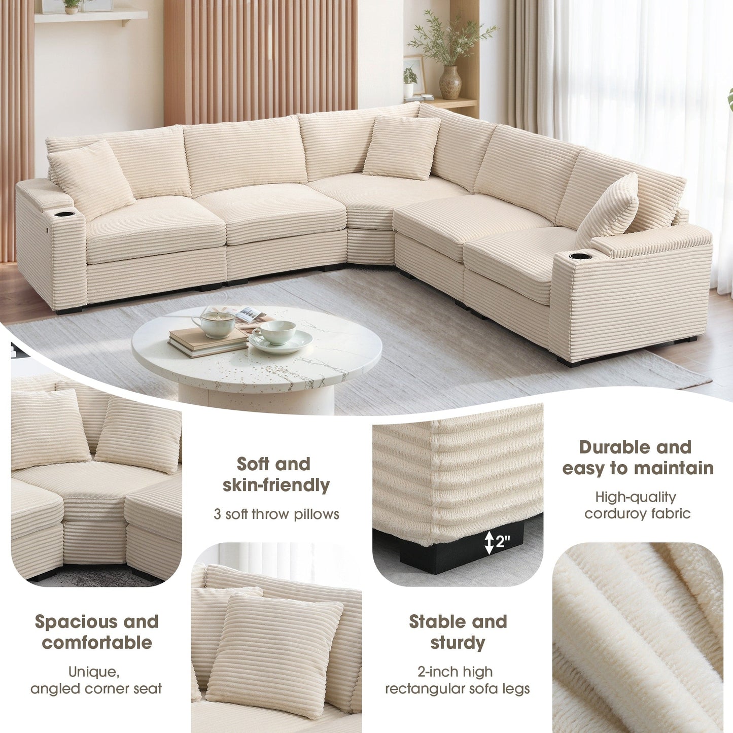 Canapé modulable en velours côtelé en forme de L avec rangement pour accoudoirs, ports USB et porte-gobelets pour salon d'appartement