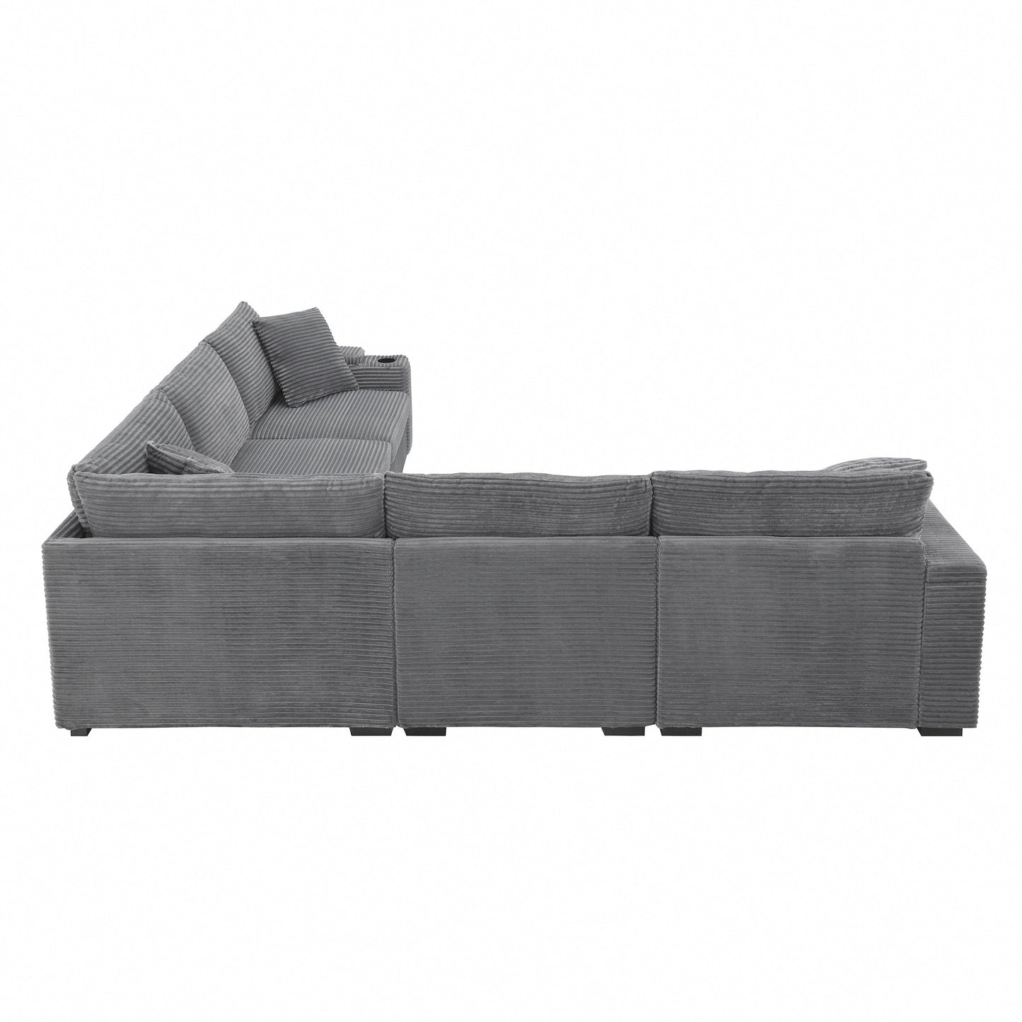 Canapé modulable en velours côtelé en forme de L avec rangement pour accoudoirs, ports USB et porte-gobelets pour salon d'appartement
