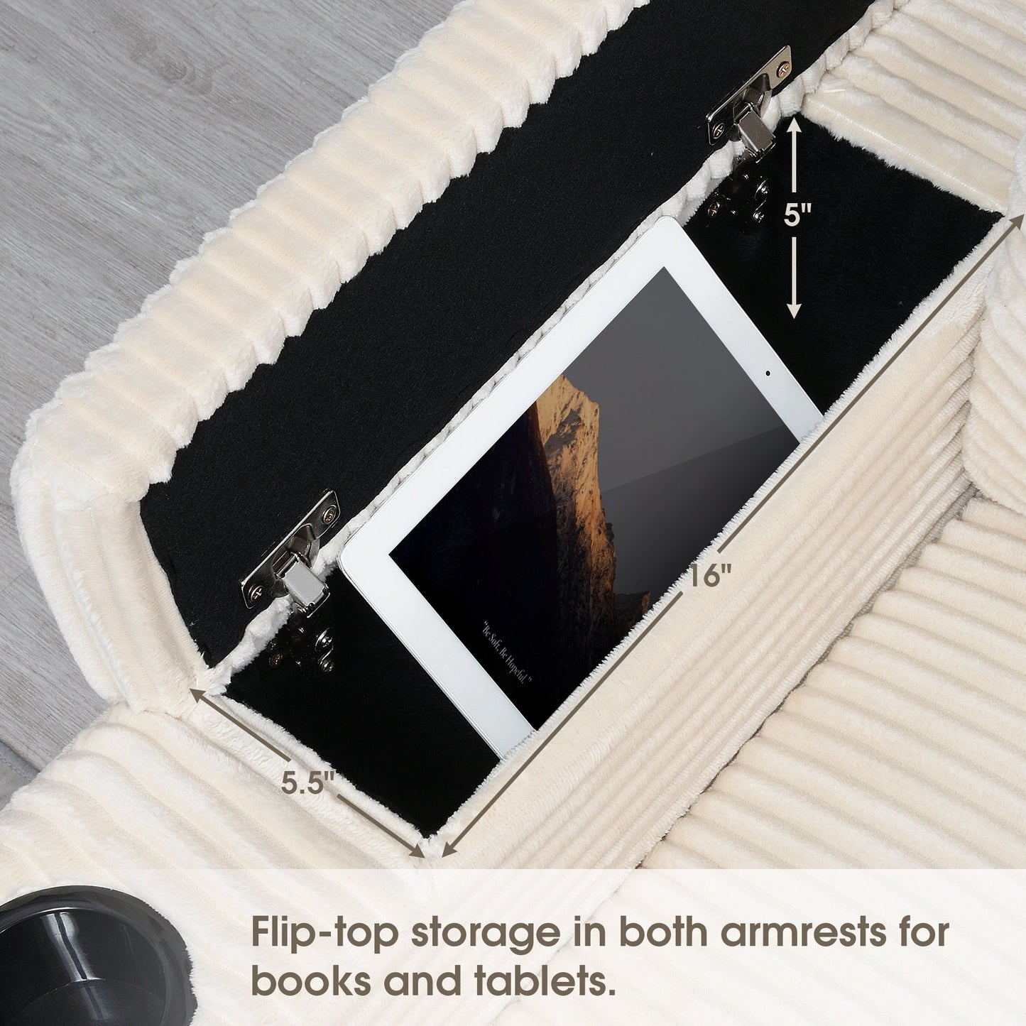 Canapé modulable en velours côtelé en forme de L avec rangement pour accoudoirs, ports USB et porte-gobelets pour salon d'appartement